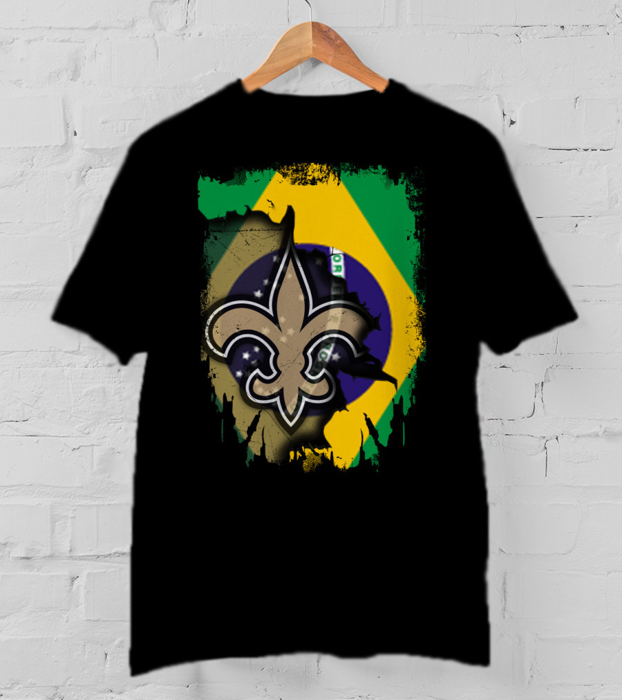 Brazilian Flag With New Orleans Saints Fleur-de-Lis Emblem T-Shirt