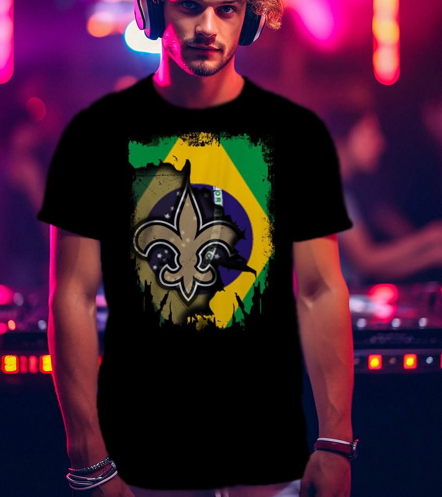 Brazilian Flag With New Orleans Saints Fleur-de-Lis Emblem T-Shirt