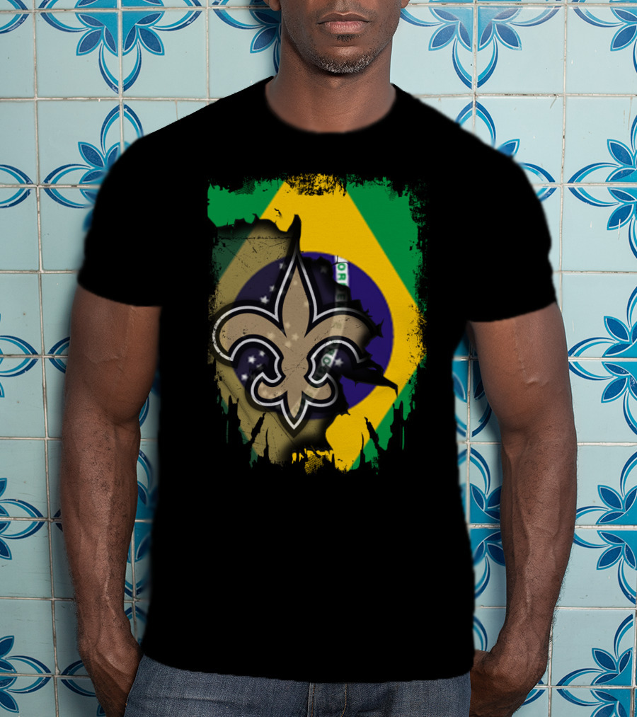 Brazilian Flag With New Orleans Saints Fleur-de-Lis Emblem T-Shirt