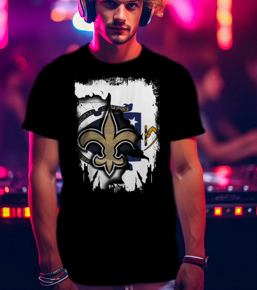 Together Massachusetts New Orleans Saints Fleur-de-Lis Flag Fusion T-Shirt