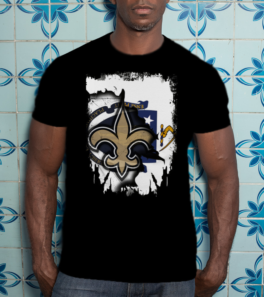 Together Massachusetts New Orleans Saints Fleur-de-Lis Flag Fusion T-Shirt