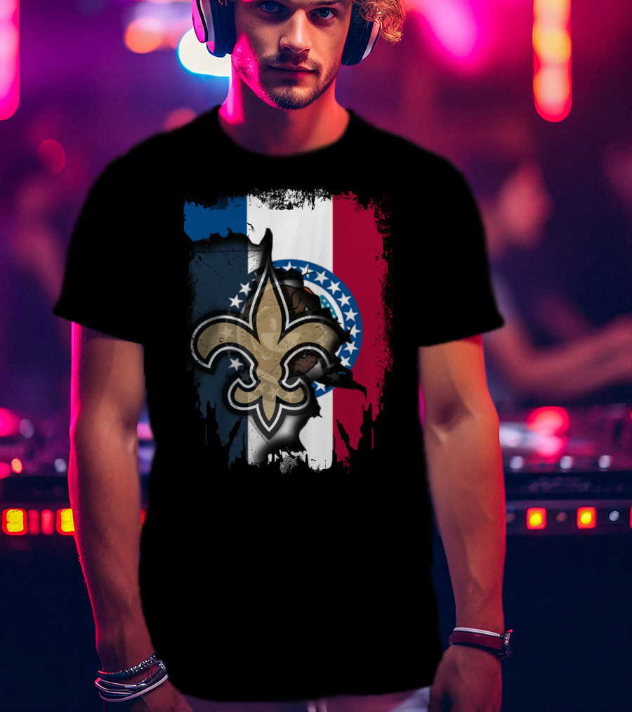 Missouri Flag With New Orleans Saints Fleur-de-Lis T-Shirt