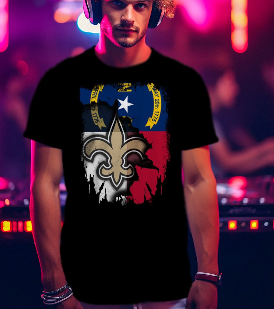 North Carolina Flag With New Orleans Saints Fleur-de-Lis T-Shirt