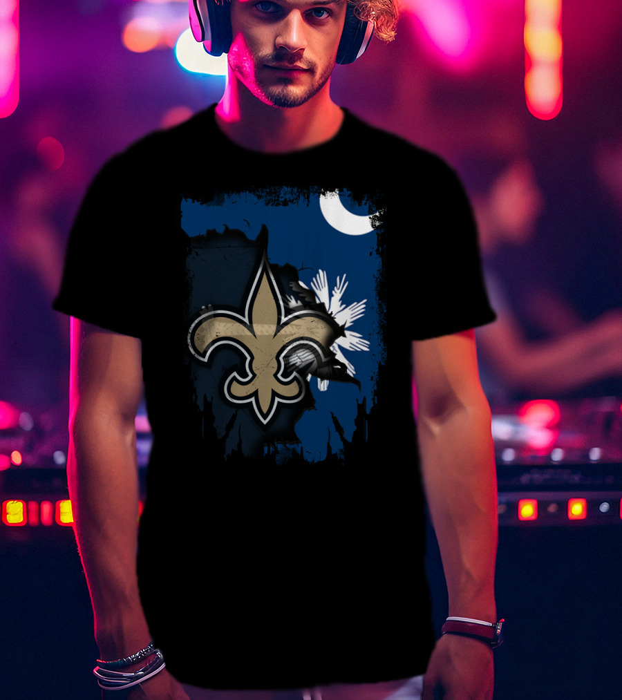 Together South Carolina With New Orleans Saints Fleur-De-Lis Moon Palmetto Tree T-Shirt