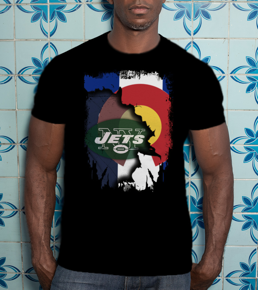Colorado State Flag With Jets Football Logo In Torn T-Shirt