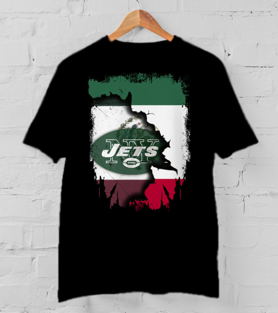 Mexico Flag Background With NY Jets Logo And Aztec Eagle T-Shirt