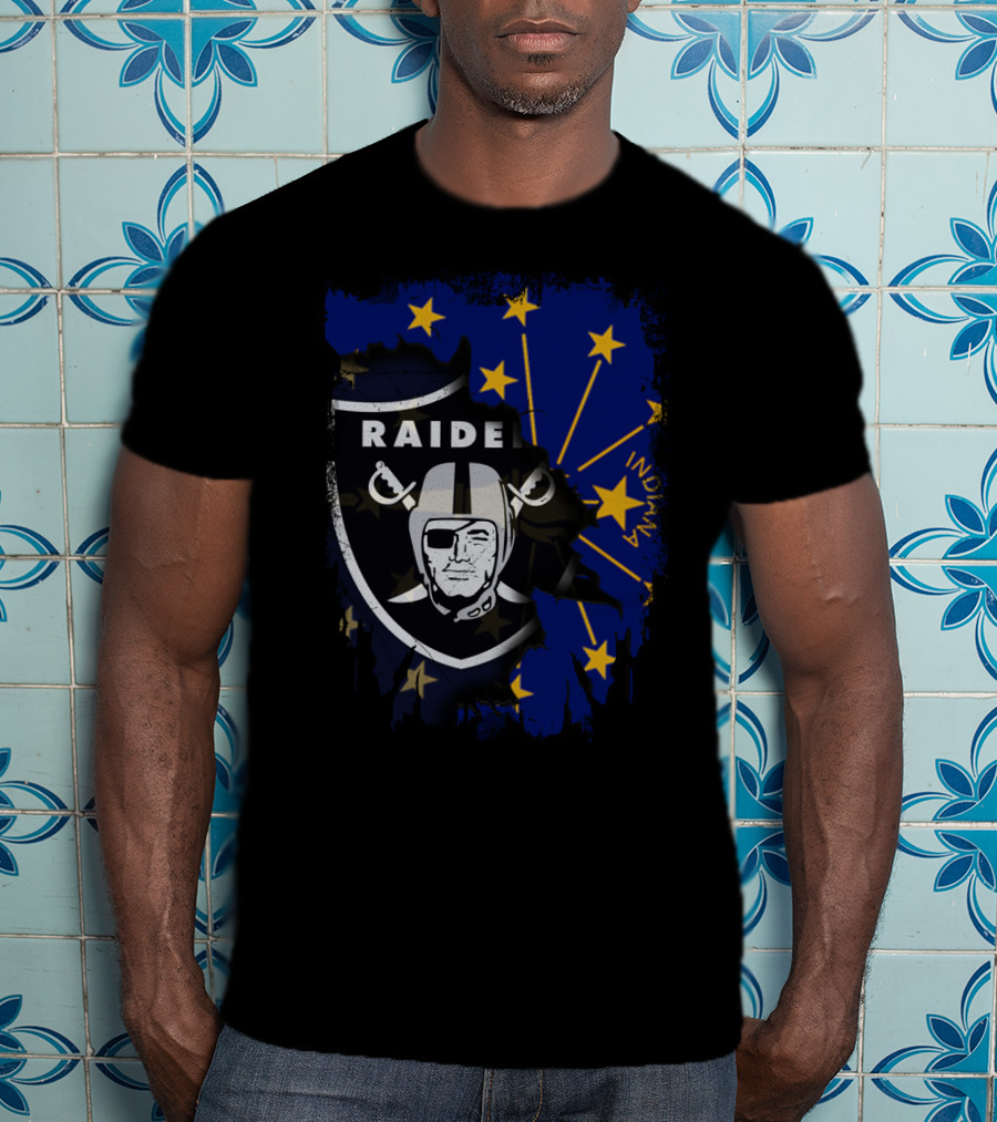 Raiders Logo Overlay On Indiana State Flag With Stars And Helmet T-Shirt
