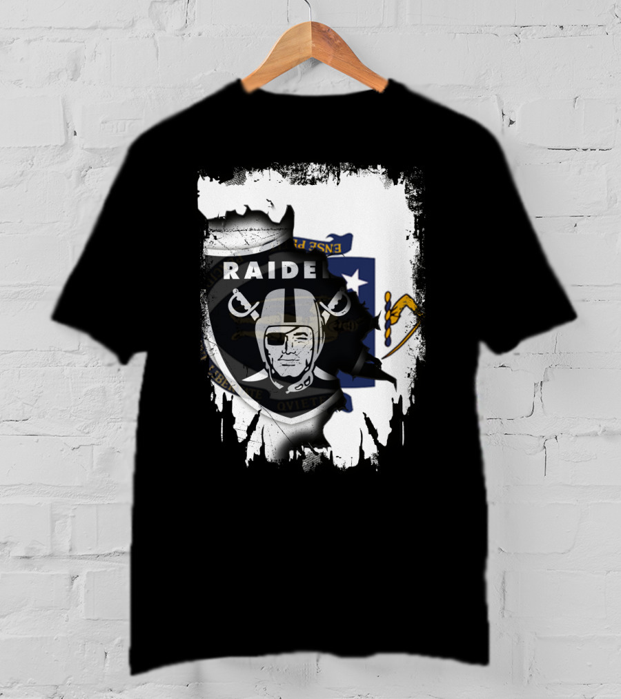 Massachusetts State Flag And Raiders Logo Fusion T-Shirt