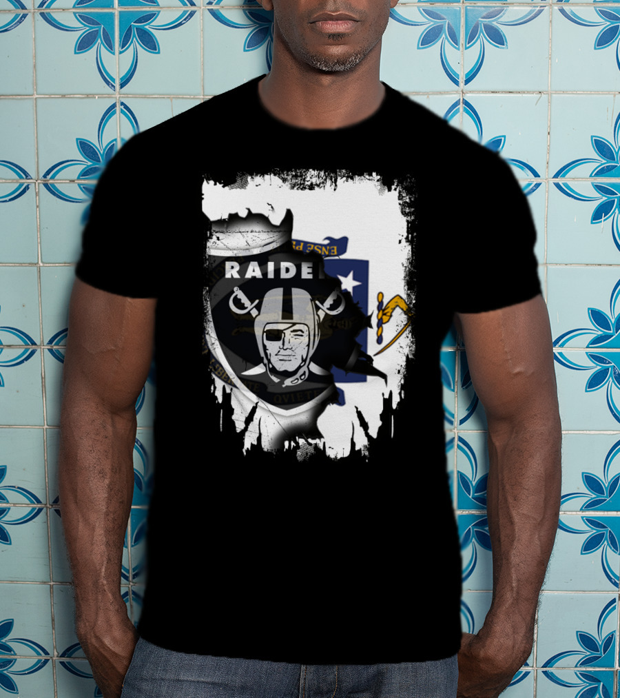 Massachusetts State Flag And Raiders Logo Fusion T-Shirt