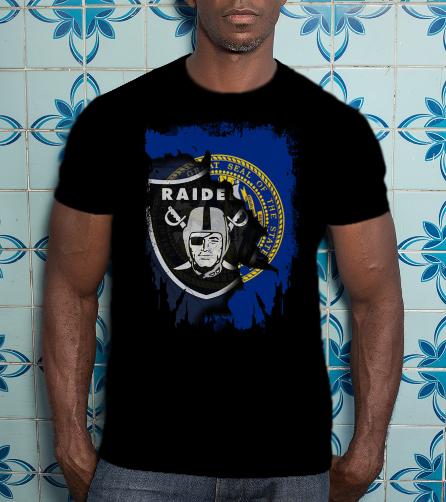 Nebraska State Seal Behind Raiders Logo Together T-Shirt