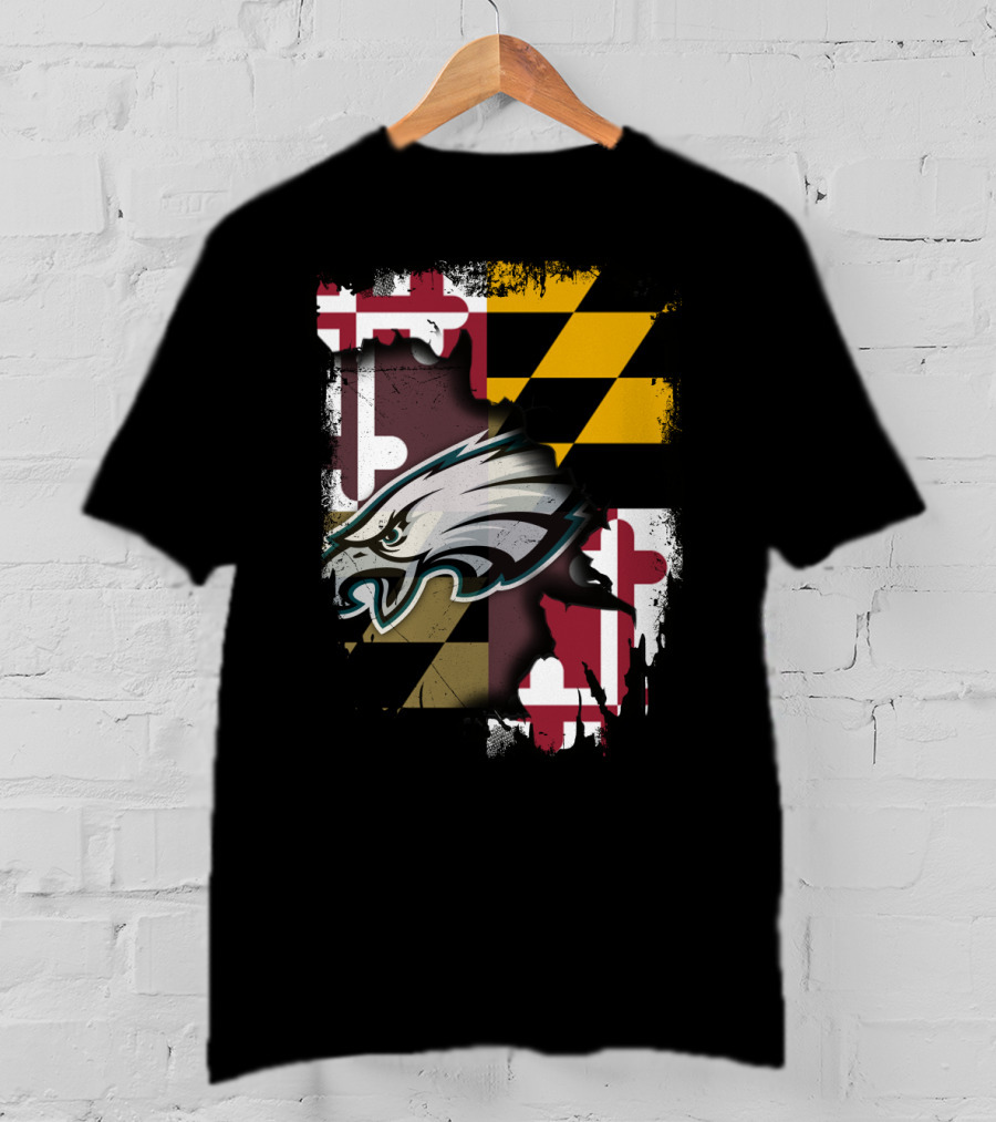Maryland Pride Together With Eagles Logo Over State Flag T-Shirt