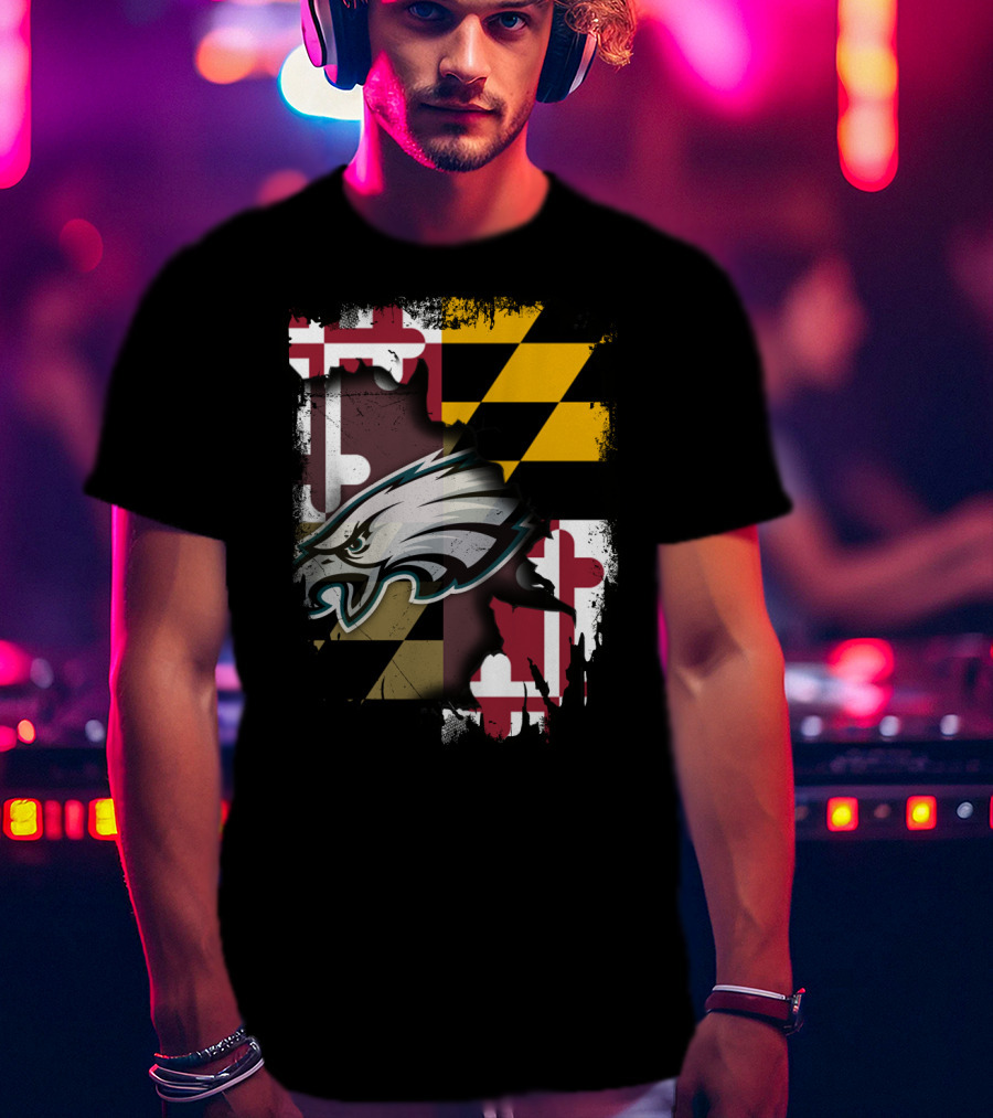 Maryland Pride Together With Eagles Logo Over State Flag T-Shirt