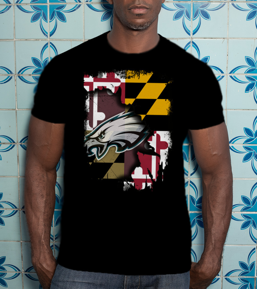 Maryland Pride Together With Eagles Logo Over State Flag T-Shirt