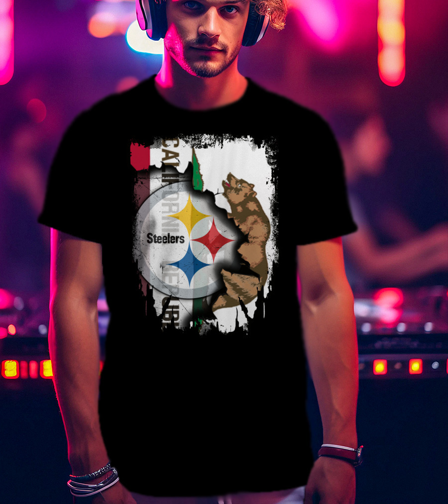 California Bear With Steelers Logo Fusion T-Shirt