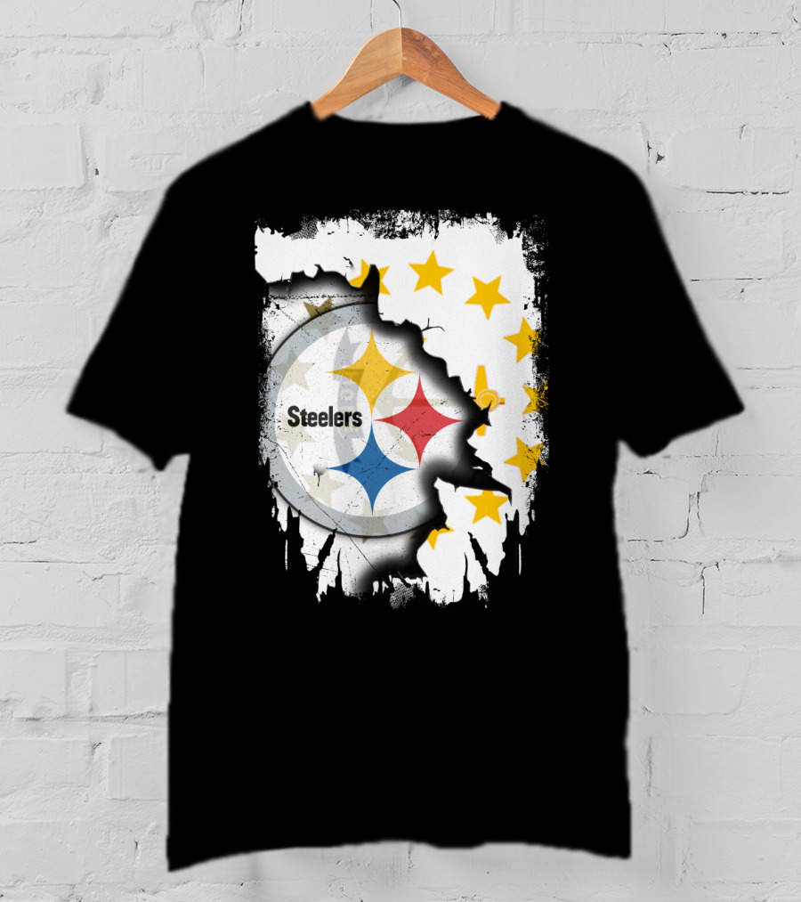 Steelers Logo With Rhode Island Stars And Torn Effect T-Shirt