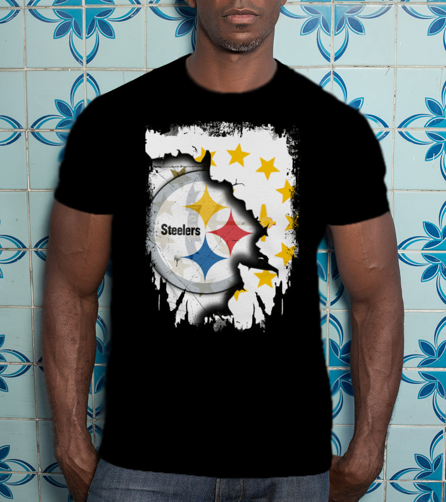 Steelers Logo With Rhode Island Stars And Torn Effect T-Shirt