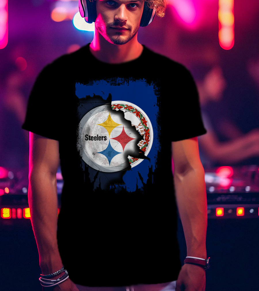 Virginia State Flag With Pittsburgh Steelers Logo Fusion T-Shirt