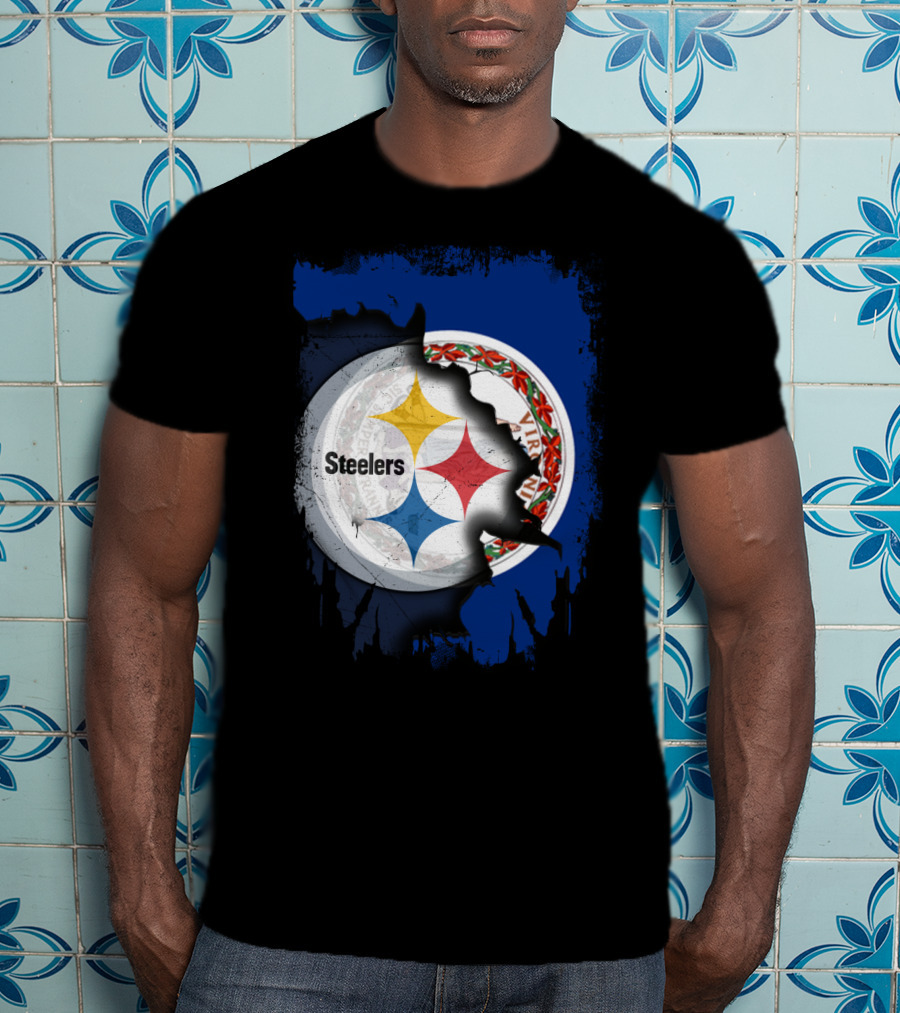 Virginia State Flag With Pittsburgh Steelers Logo Fusion T-Shirt