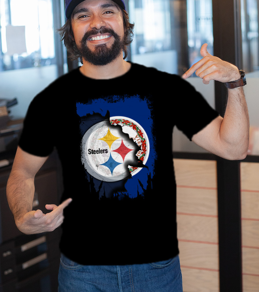 Virginia State Flag With Pittsburgh Steelers Logo Fusion T-Shirt