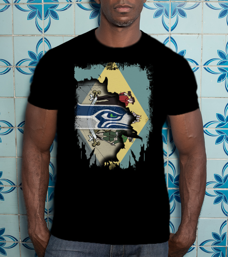 Delaware Flag With Seahawks Logo Fusion T-Shirt