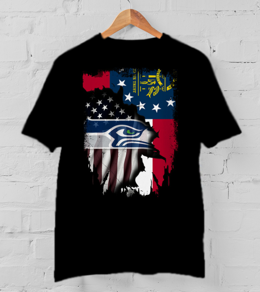 Georgia State Flag With Seahawks Logo And American Flag Elements T-Shirt