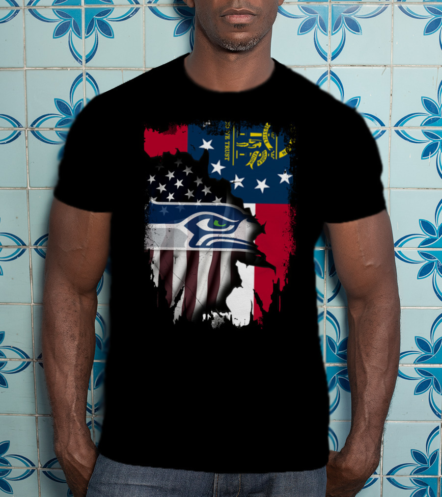 Georgia State Flag With Seahawks Logo And American Flag Elements T-Shirt