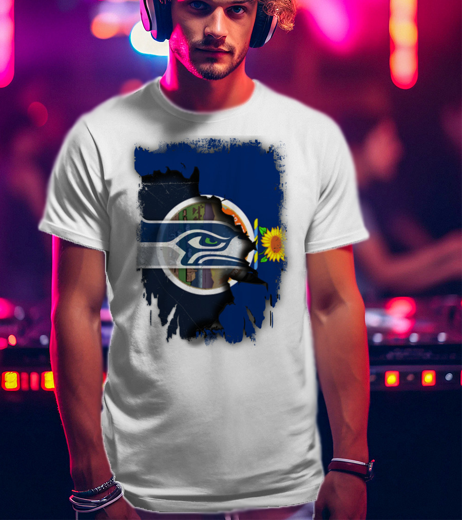 Kansas With Seahawks Heart And Sunflower Emblem T-Shirt