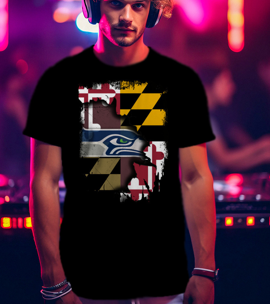 Maryland Flag And Seahawks Logo Blend T-Shirt