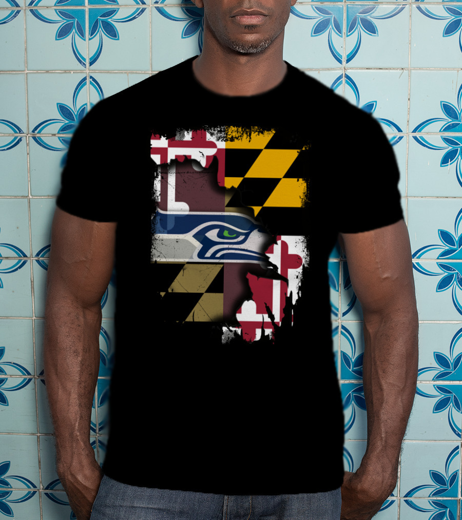 Maryland Flag And Seahawks Logo Blend T-Shirt