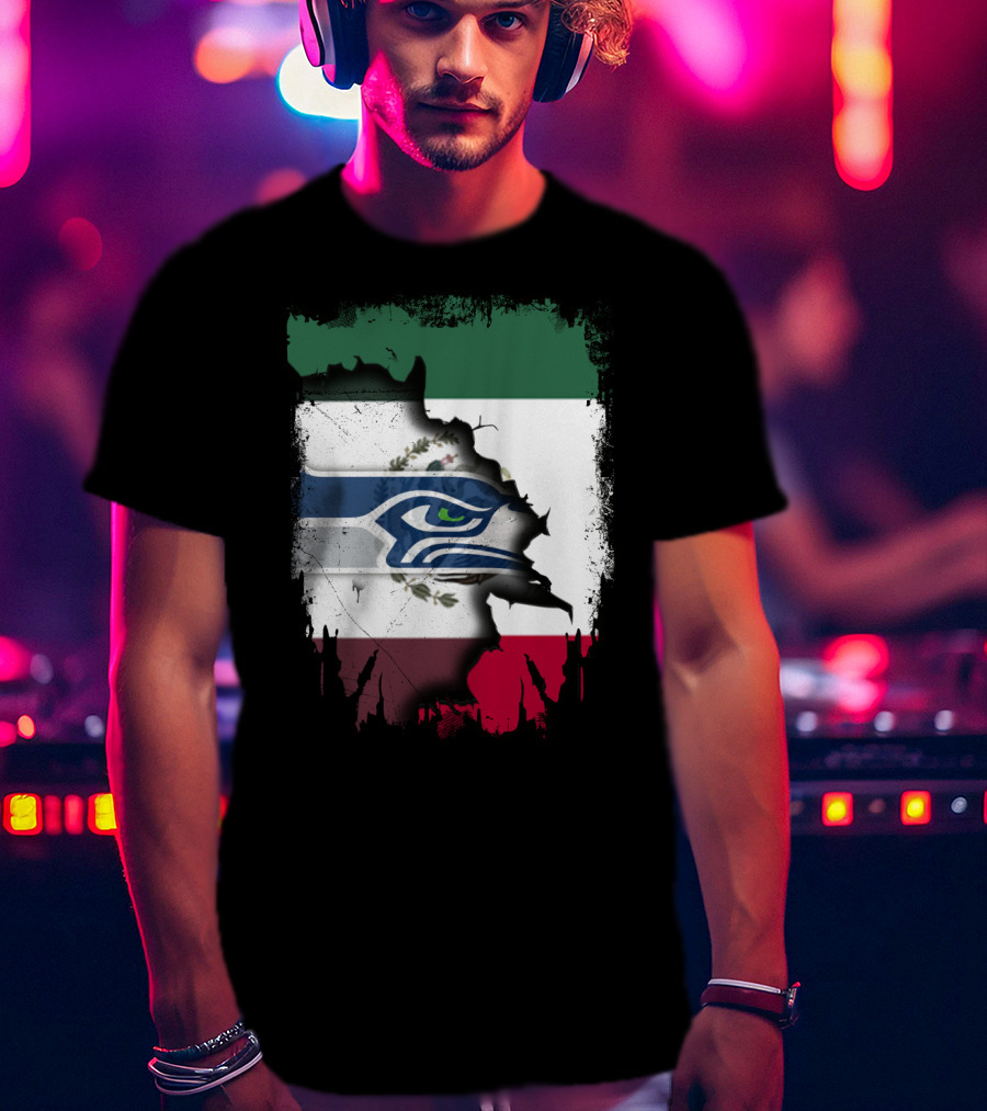 Mexico And Seahawks United With Flag And Logo Overlay T-Shirt