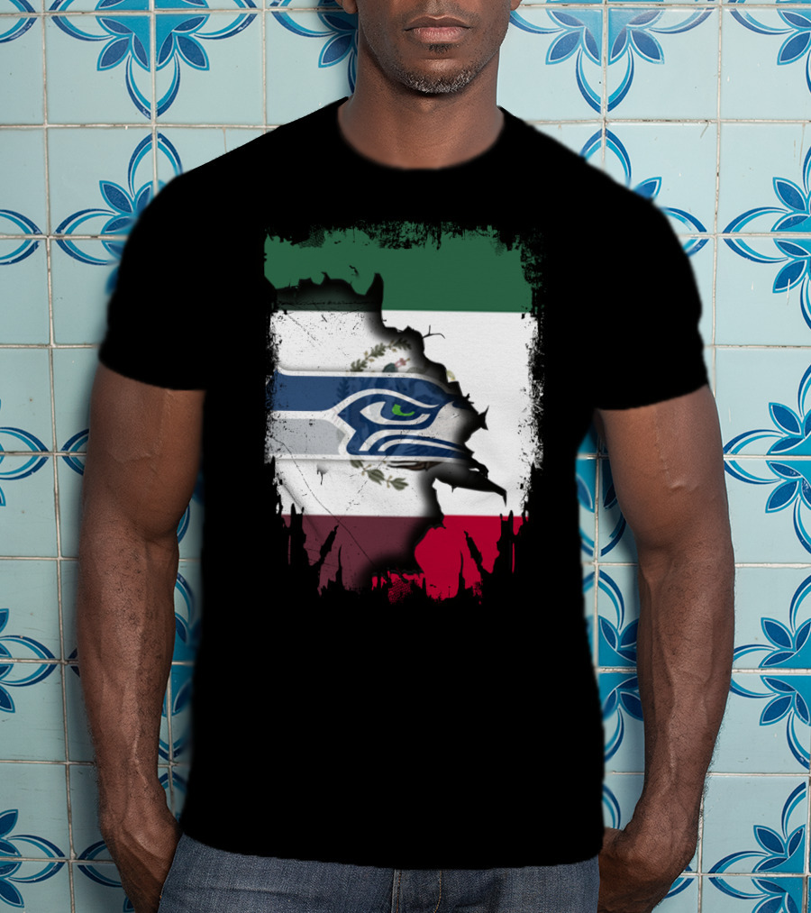 Mexico And Seahawks United With Flag And Logo Overlay T-Shirt