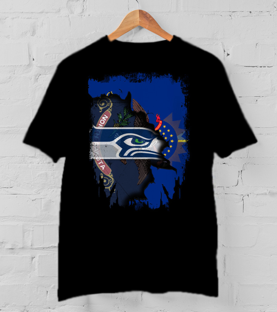 North Dakota Flag With Seattle Seahawks Fusion T-Shirt