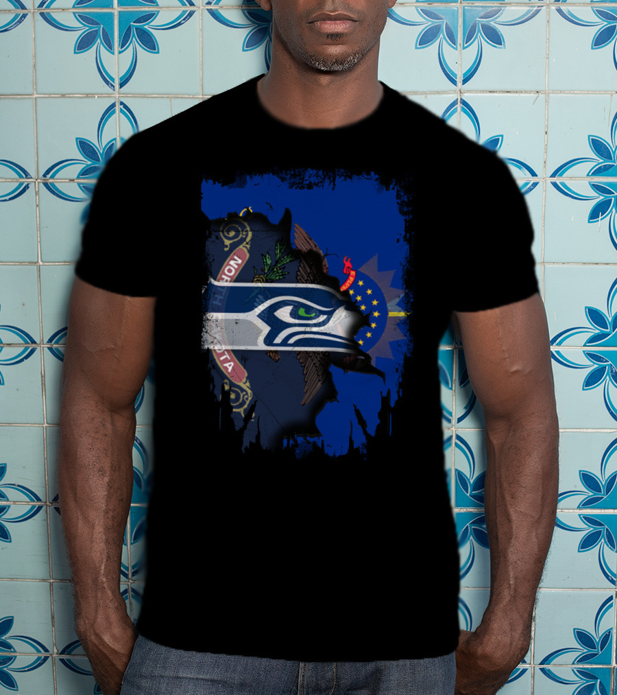 North Dakota Flag With Seattle Seahawks Fusion T-Shirt