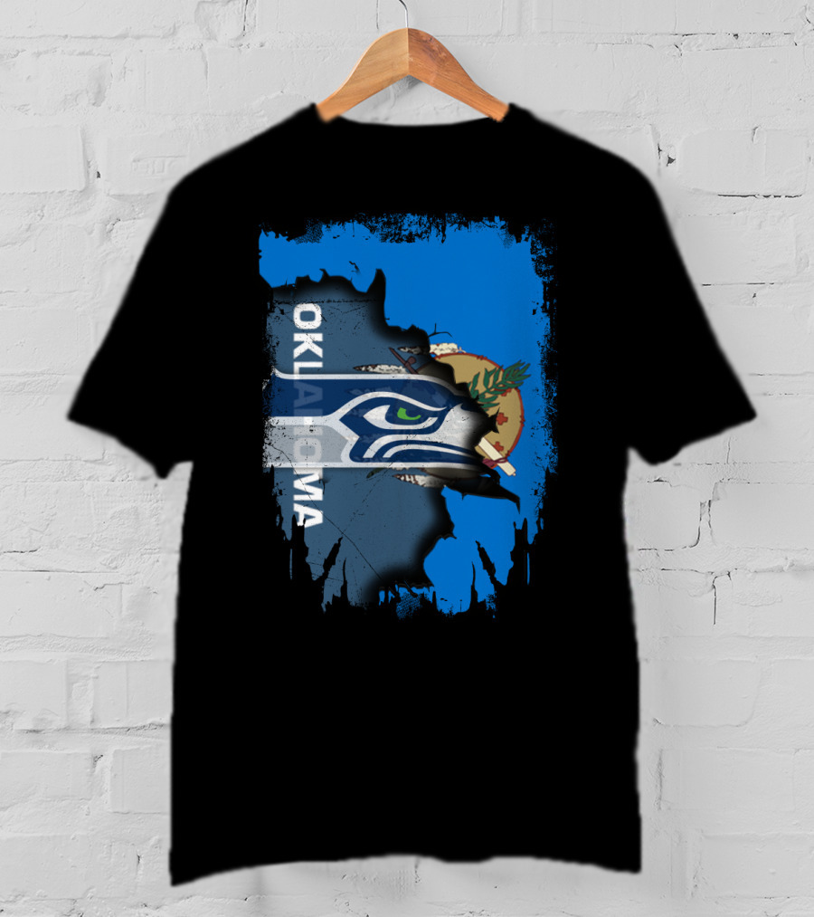 Oklahoma Flag With Seattle Seahawks Logo Fusion T-Shirt