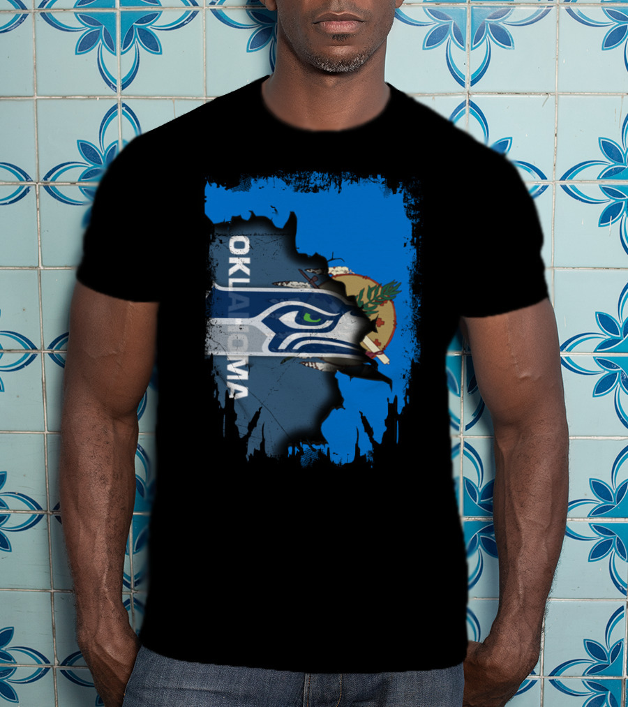 Oklahoma Flag With Seattle Seahawks Logo Fusion T-Shirt