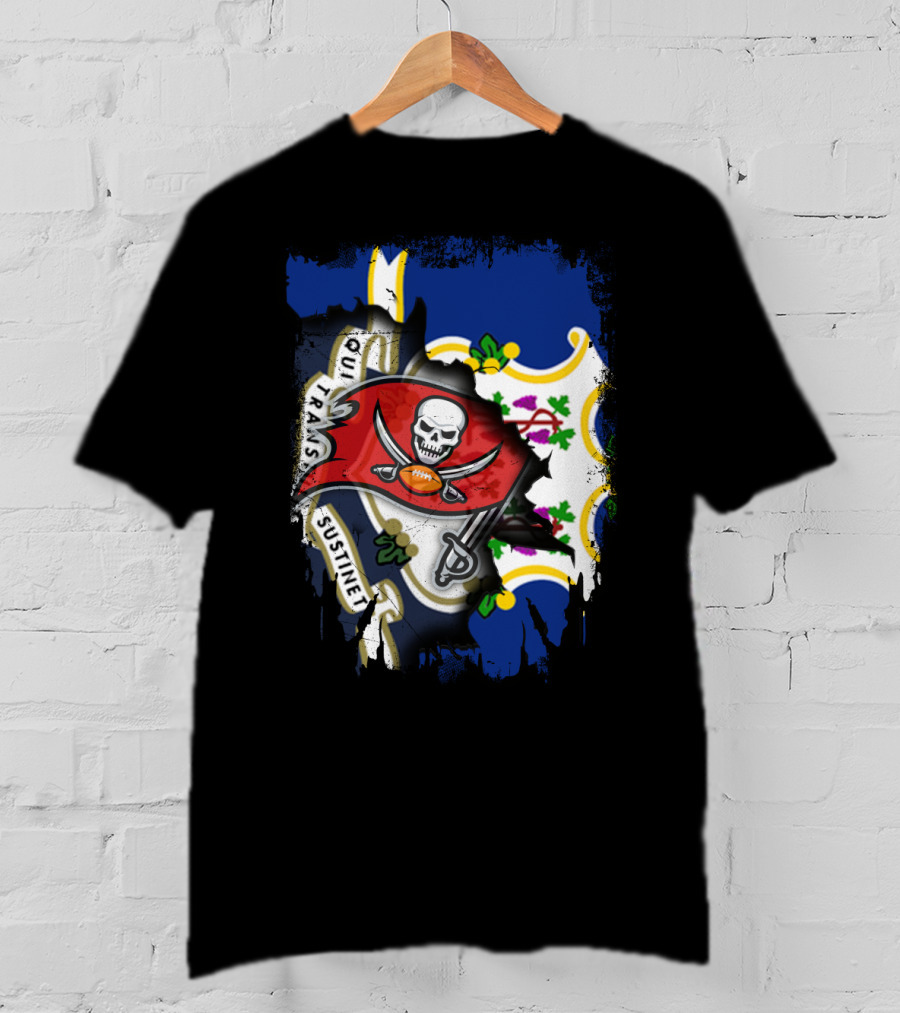 Connecticut Flag With Buccaneers Pirate Logo And State T-Shirt