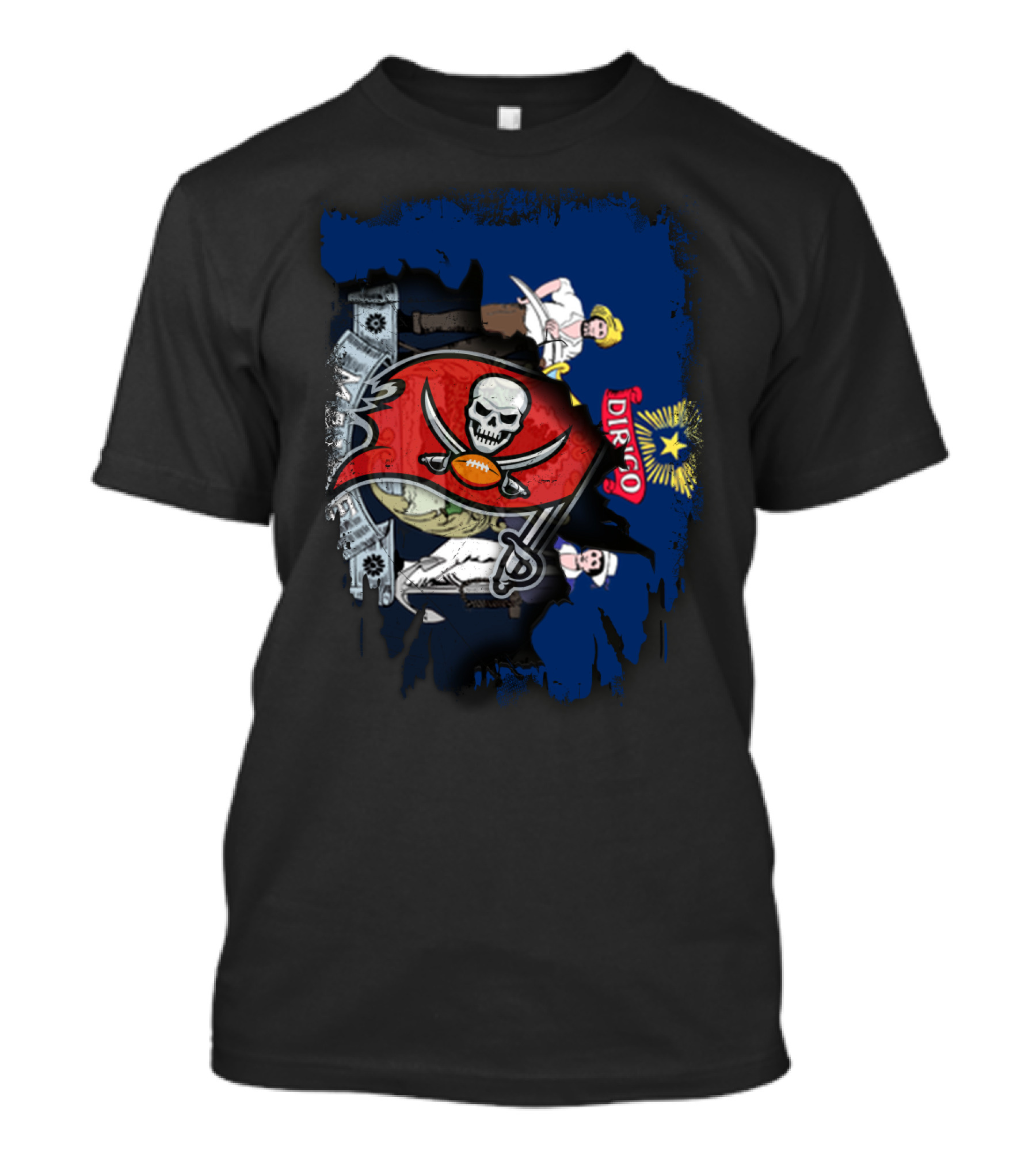 Pirate Flag Emblem And Maine State Symbols United With Dirigo Banner T-Shirt