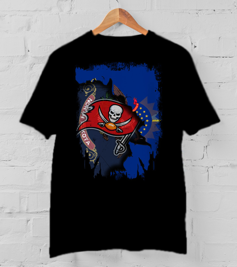North Dakota Flag With Buccaneers Skull Logo And Football T-Shirt