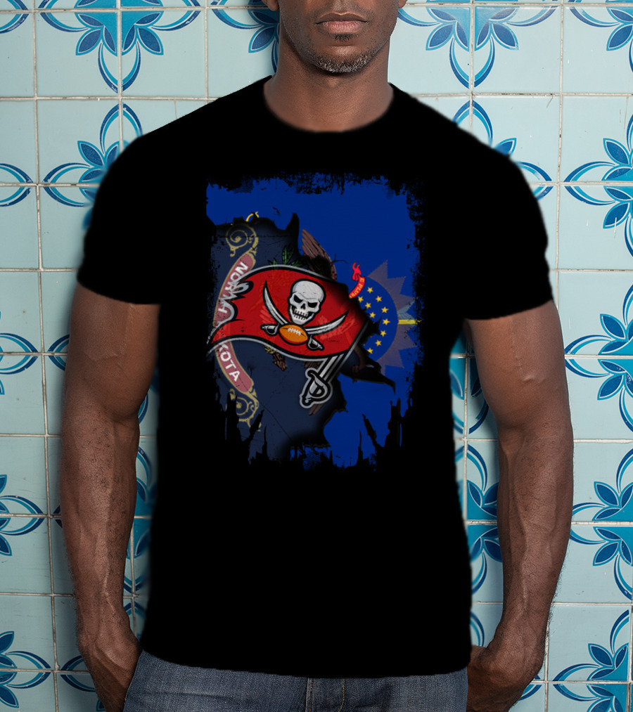 North Dakota Flag With Buccaneers Skull Logo And Football T-Shirt