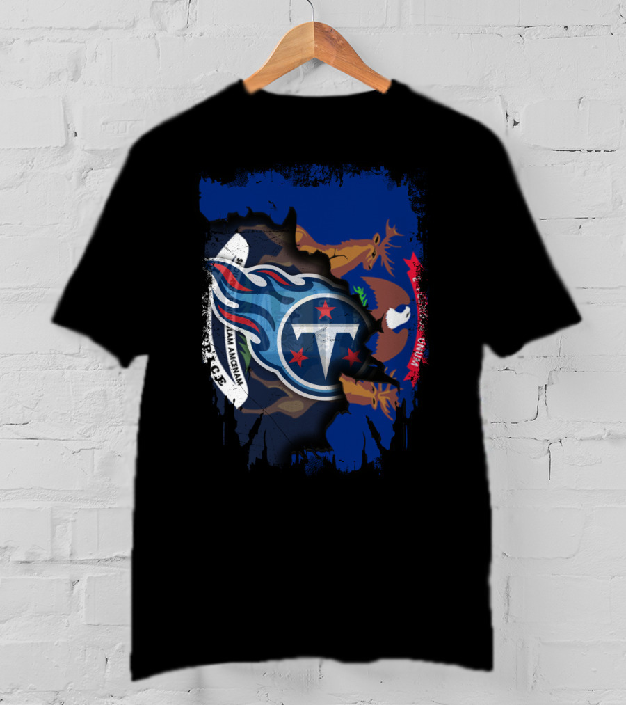 Torn Michigan Flag With Tennessee Titans Logo Fusion T-Shirt
