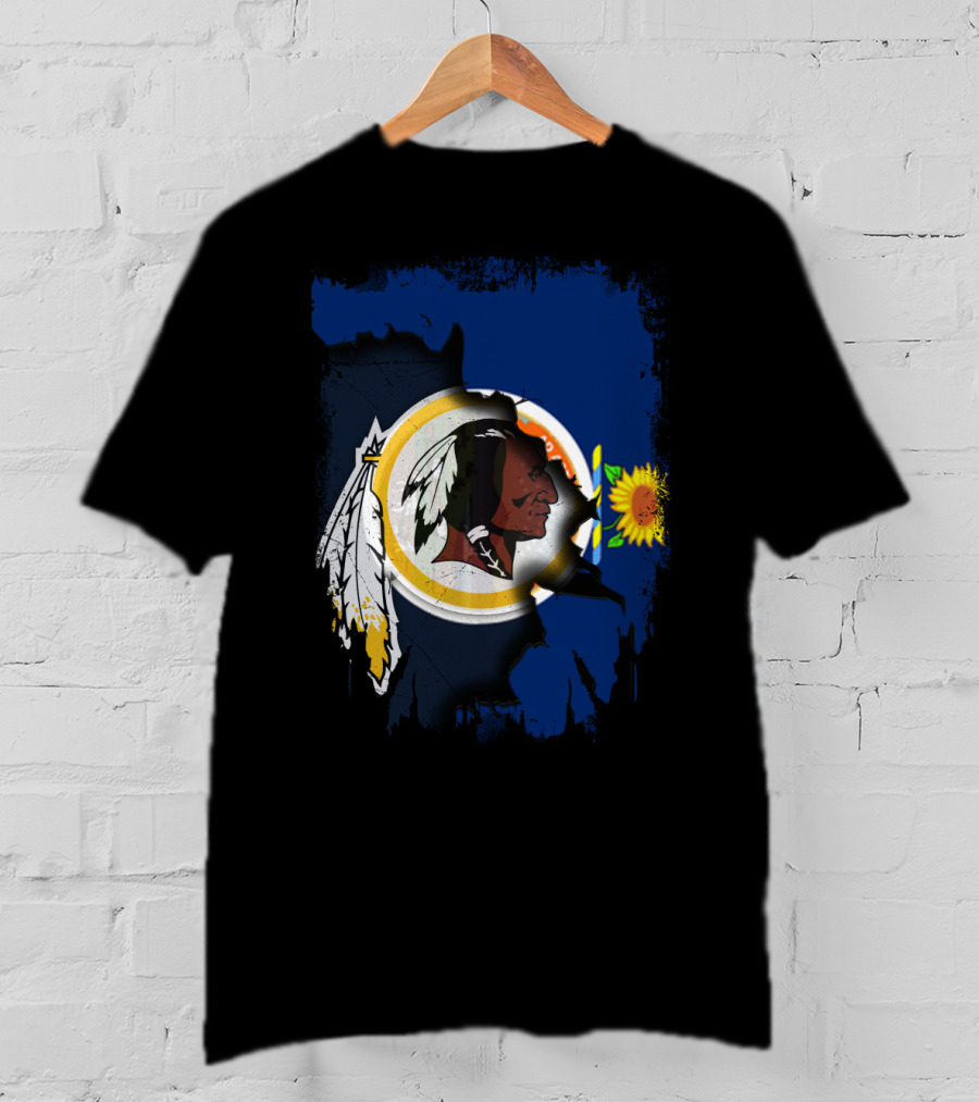 Kansas Map With Redskins Logo And Sunflower Symbol T-Shirt