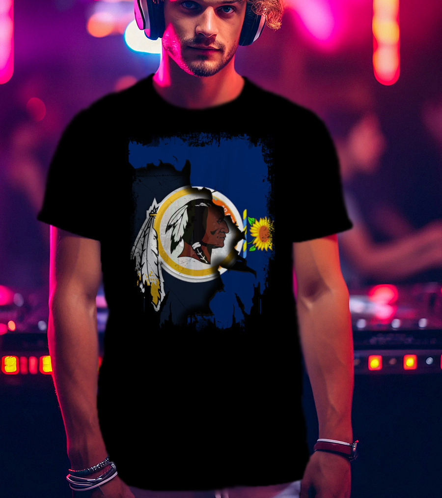 Kansas Map With Redskins Logo And Sunflower Symbol T-Shirt