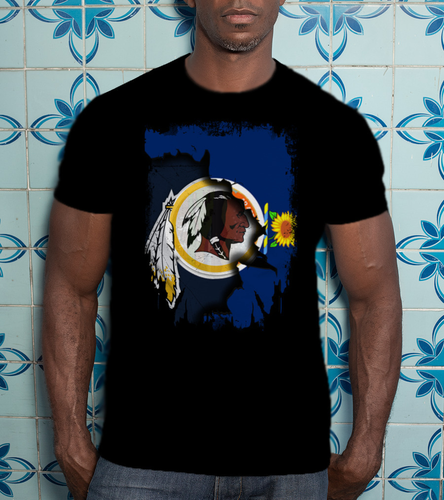 Kansas Map With Redskins Logo And Sunflower Symbol T-Shirt