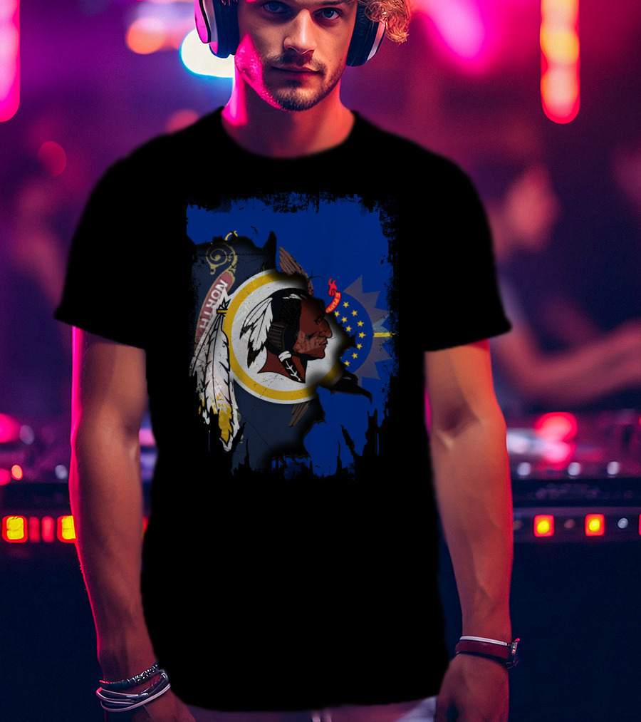 North Dakota Pride With Redskins Symbol On Blue T-Shirt