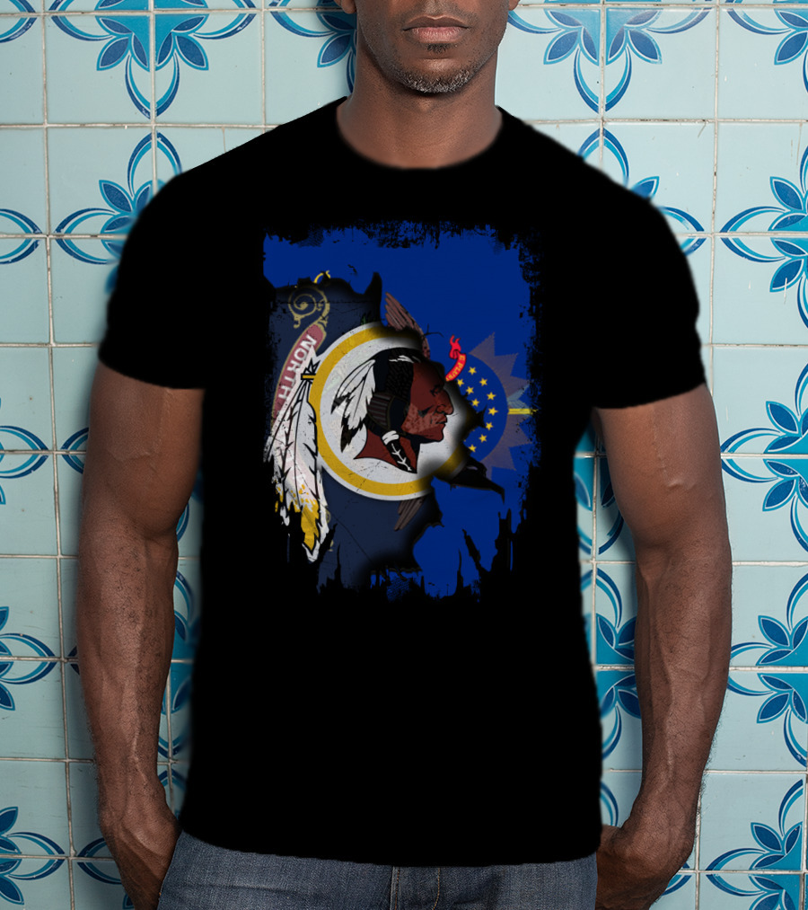 North Dakota Pride With Redskins Symbol On Blue T-Shirt