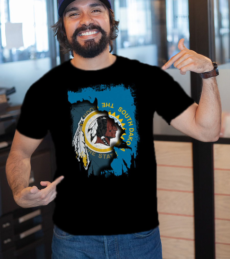 South Dakota State Flag Blended With Redskins T-Shirt