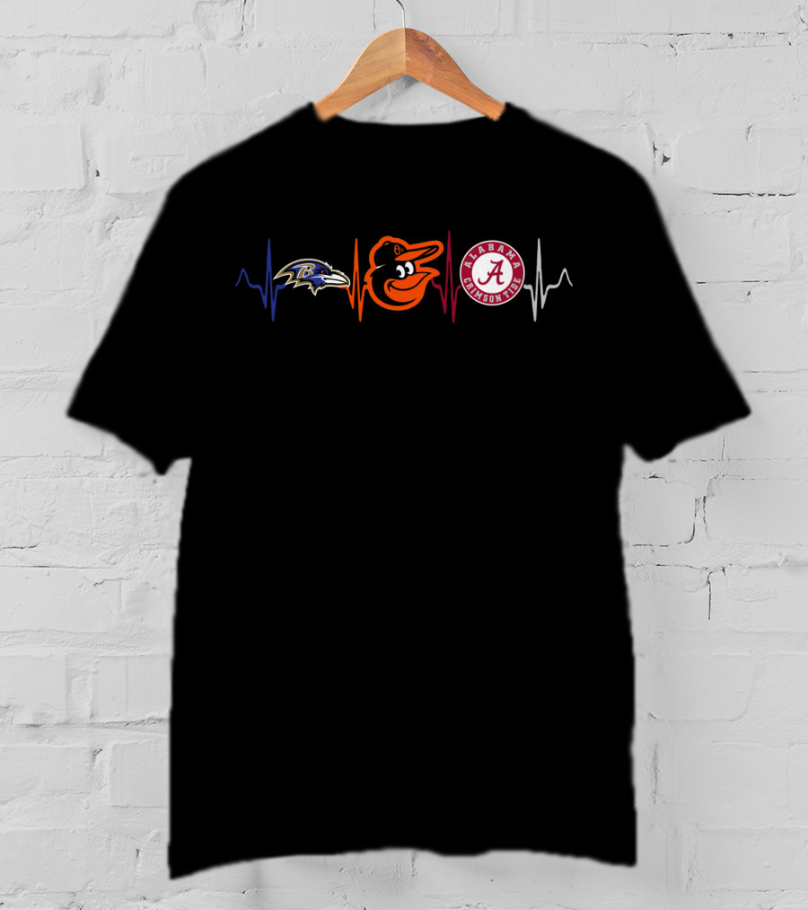 Baltimore Ravens Baltimore Orioles Alabama Crimson Tide Heartbeat T-Shirt