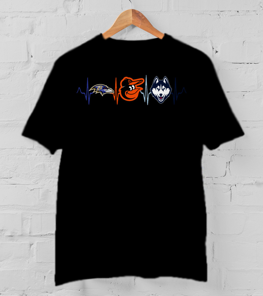 Love Ravens Baltimore Orioles Huskies Heartbeat T-Shirt