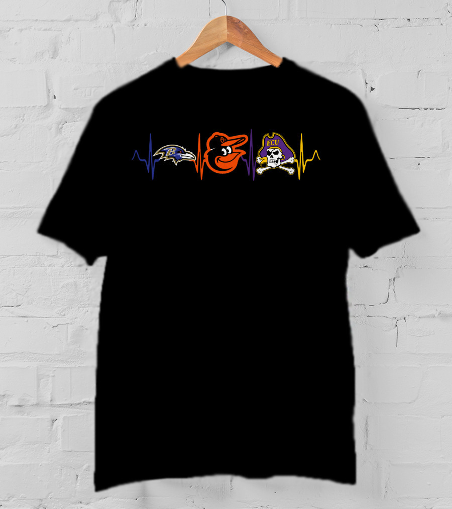 Baltimore Ravens Orioles Ecu Pirates Heartbeat Logos T-Shirt