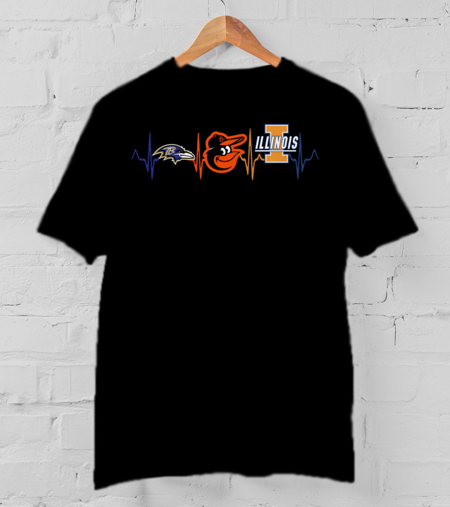 Baltimore Ravens And Orioles With Illinois Fighting Illini Heartbeat T-Shirt